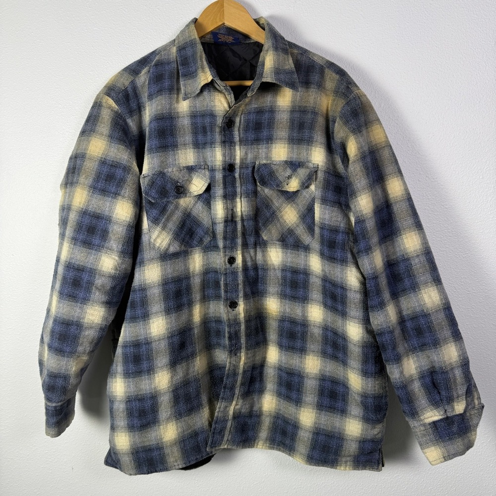 Woodland 90s Flannel Shirt Jacket Mens XL Blue Yellow Good Quilted Plaid Lining